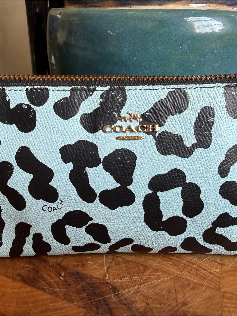 Coach 52952 Madison Ocelot Leopard Blue Leather Cosmetic Pouch